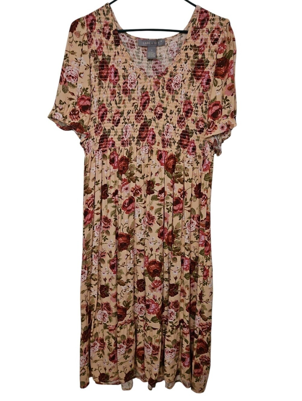 Lark + Grey Rose Floral Smocked Peach Midi Tiered Skirt Dress Sz 1X Womens